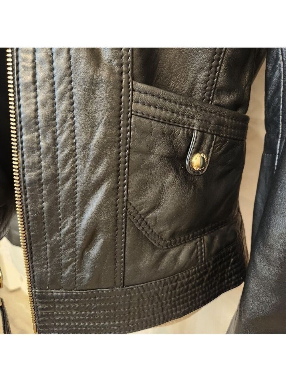 Michael Kors Missy Leather Full Zip Jacket Black Wing Collar Size S - Picture 5 of 13